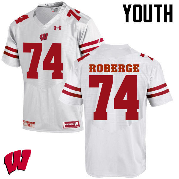 Youth Wisconsin Badgers #74 Gunnar Roberge College Football Jerseys-White - Click Image to Close